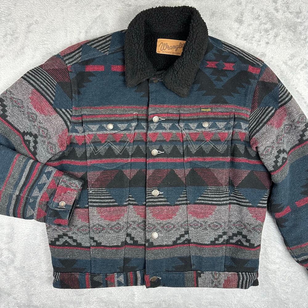 Wrangler Men's Sherpa Lined Jacquard Jacket Southwestern Aztec Wool Blend Mens M